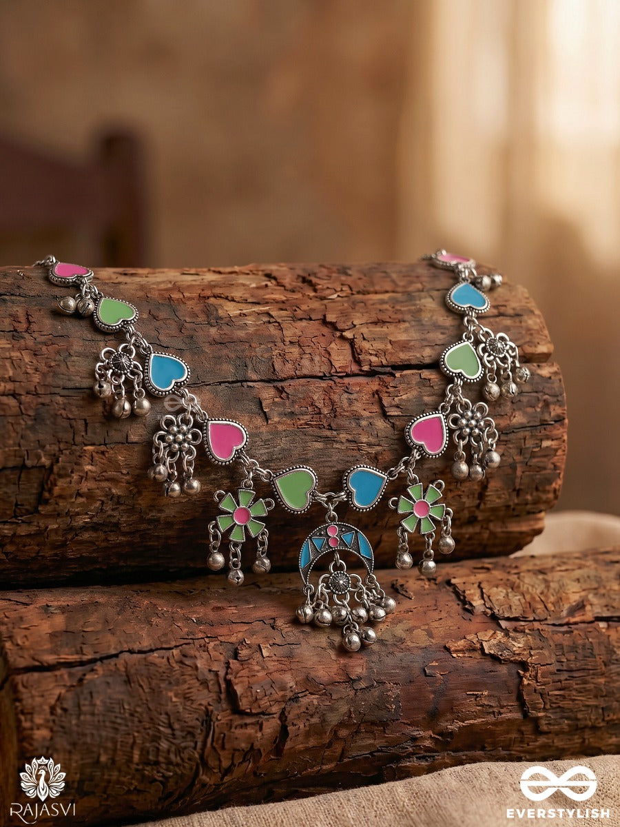 Sultanaa Jhilrang – Oxidised Statement Necklace With Multicolor Heart Motifs