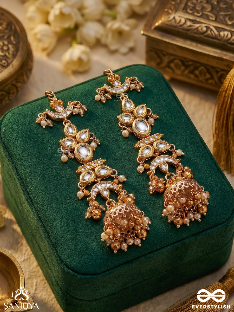Virashini – Royal Brilliance – Traditional Straight Kaan Chain Earrings With Flowing Stone Motifs, Delicate Bead Detailing And Statement Jhumka Ends