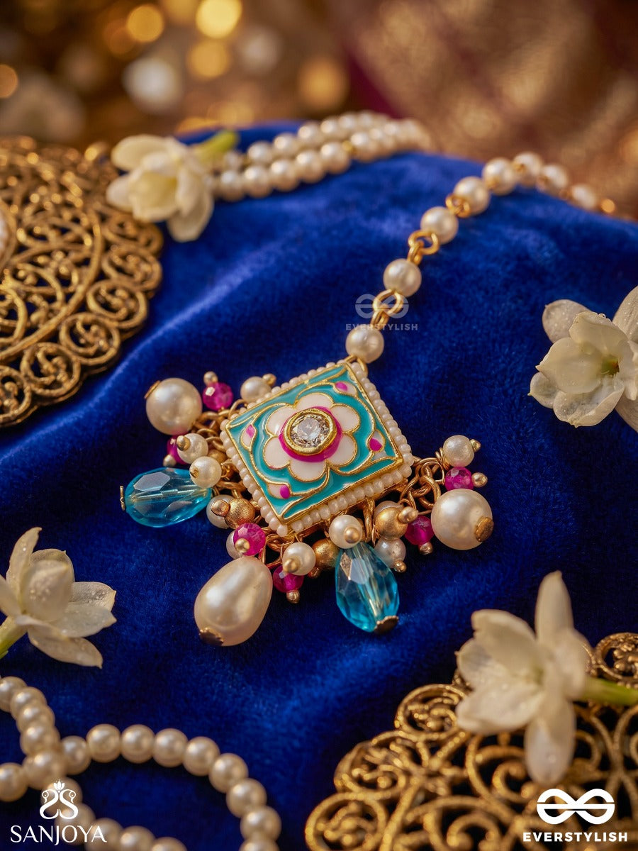 Chitrapradipa - Ornate Light – Ornate Maangtika With Flower-Inspired Center, White Pearl Accents And Soft Blue Danglers