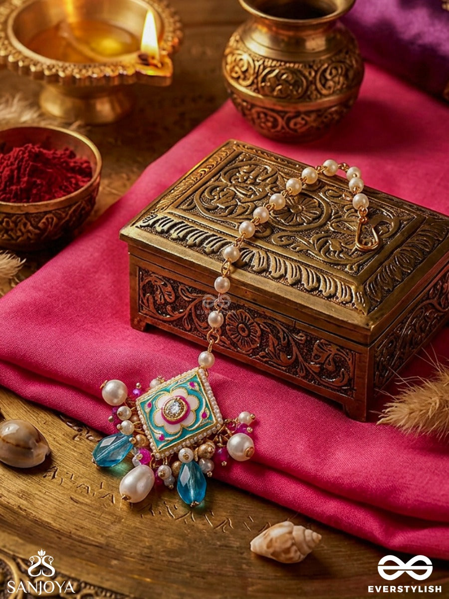 Chitrapradipa - Ornate Light – Ornate Maangtika With Flower-Inspired Center, White Pearl Accents And Soft Blue Danglers