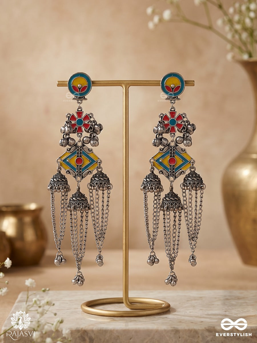 Peeli Mandali - Oxidised Statement Earrings With Yellow Enamel Centre And Silver Ghungroo Clusters