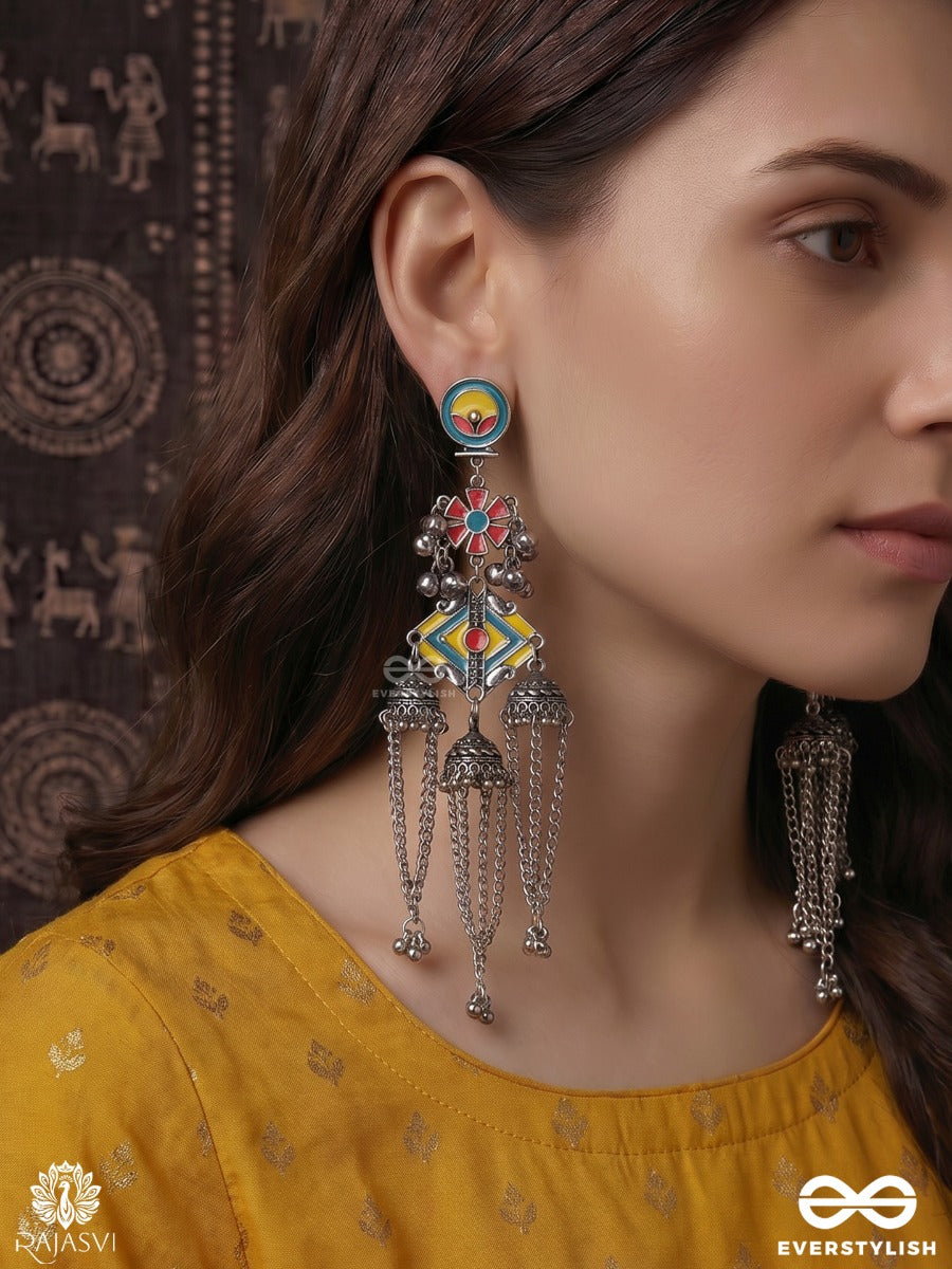 Peeli Mandali - Oxidised Statement Earrings With Yellow Enamel Centre And Silver Ghungroo Clusters