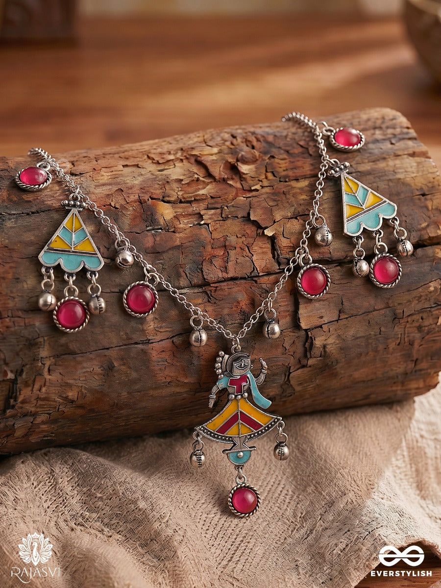 Rang Manch - Oxidised Statement Necklace With Puppet Pendant And Ghungroo Drops