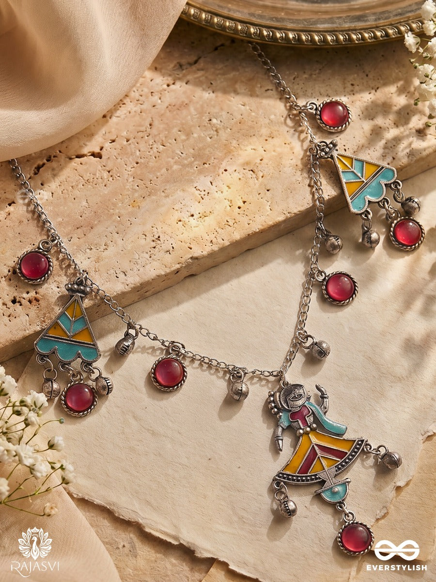 Rang Manch - Oxidised Statement Necklace With Puppet Pendant And Ghungroo Drops