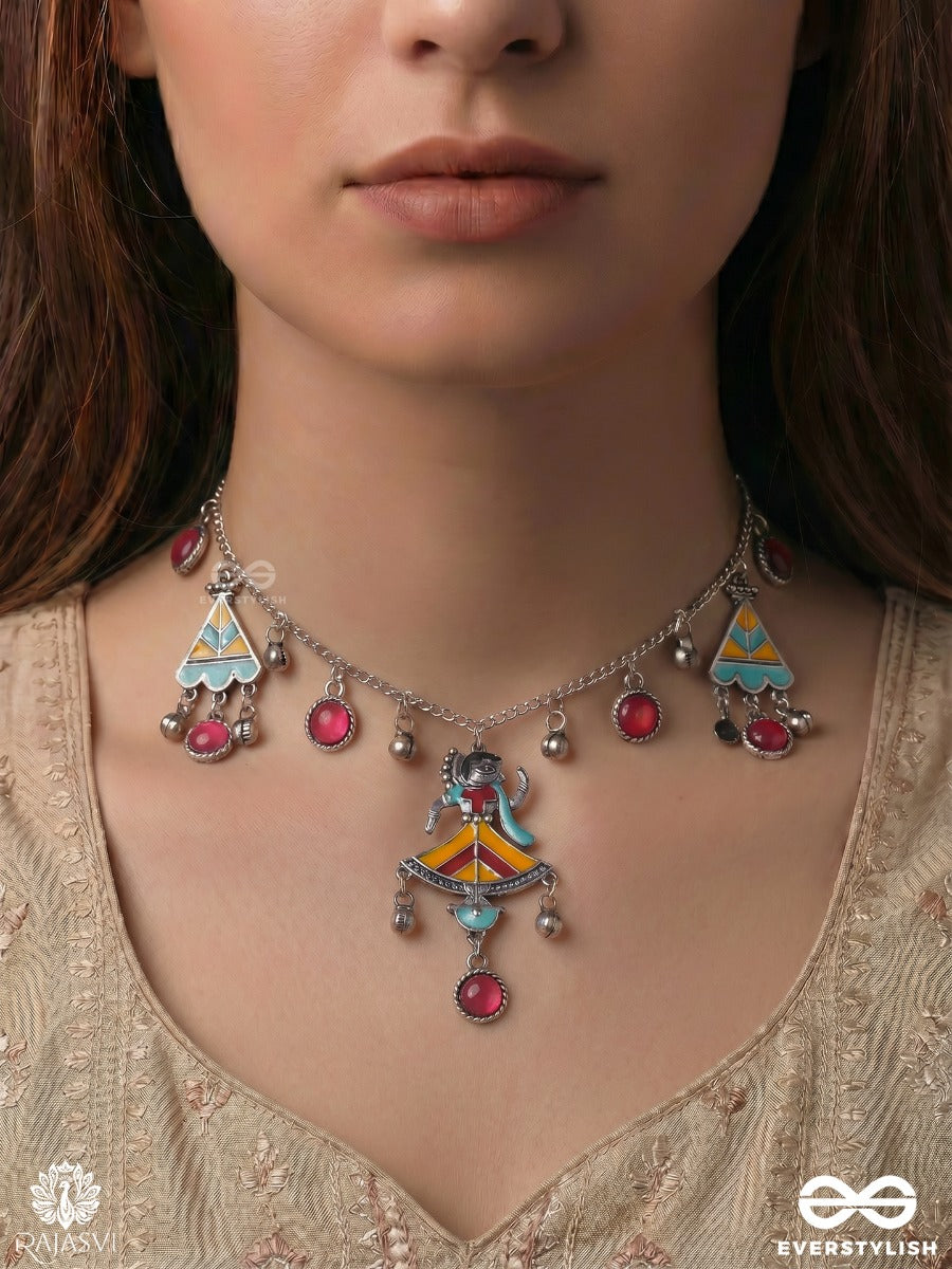Rang Manch - Oxidised Statement Necklace With Puppet Pendant And Ghungroo Drops