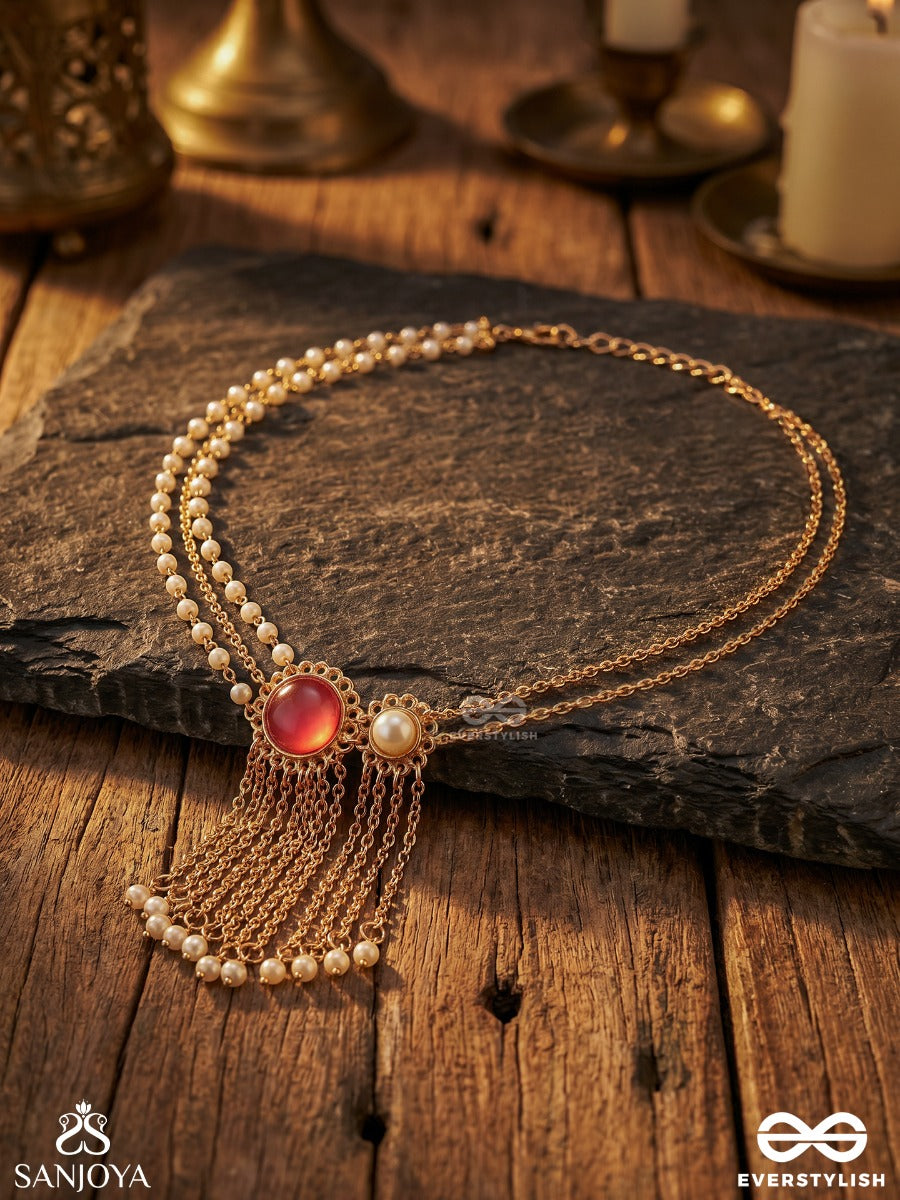 Prerisha – Inspired Beauty – Ornate Necklace With Decorative Round Elements, Pearl Side Strands And Flowing Chain Hangings