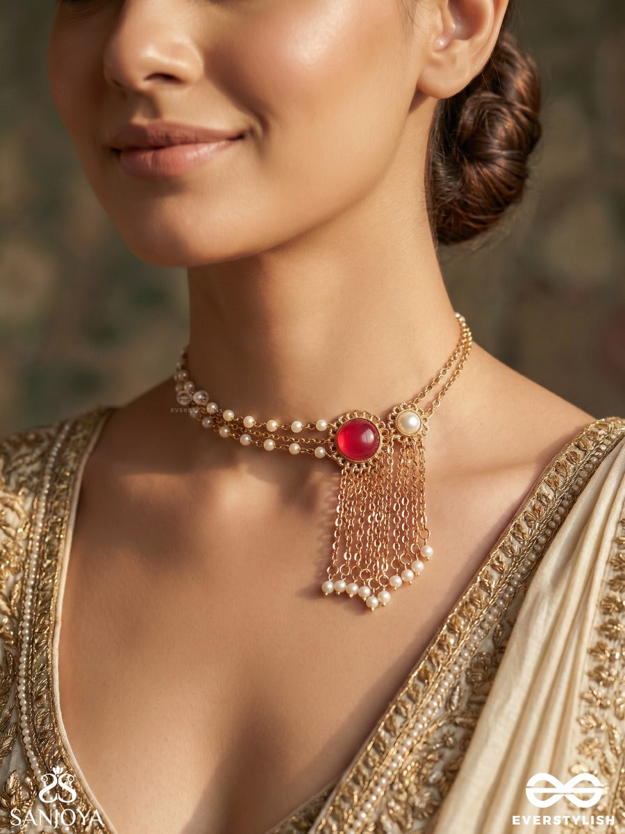 Prerisha – Inspired Beauty – Ornate Necklace With Decorative Round Elements, Pearl Side Strands And Flowing Chain Hangings