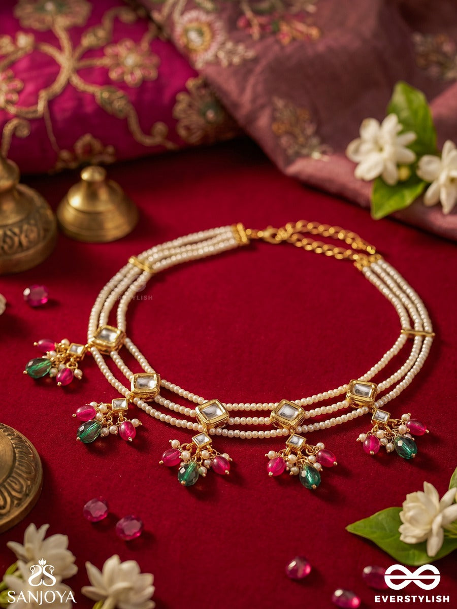 Mehrjhumki – Radiant Sway – Ornate Choker With Pearl Strands, Geometric Stone Links And Colourful Bead Danglers