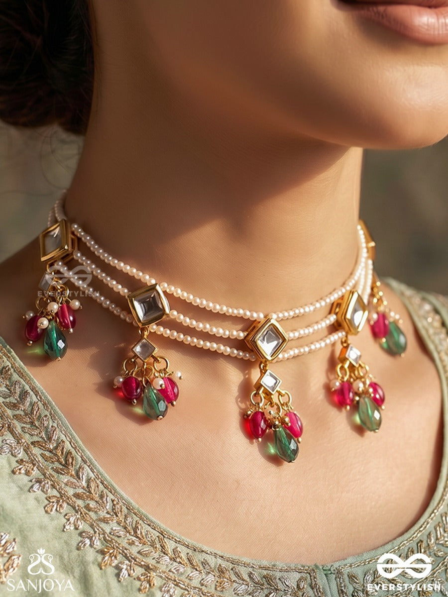 Mehrjhumki – Radiant Sway – Ornate Choker With Pearl Strands, Geometric Stone Links And Colourful Bead Danglers