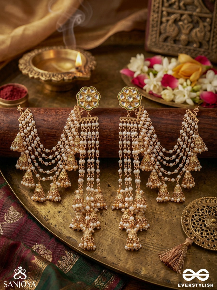 Kundalini – Flow Of Ornament – Festive Earrings With Earchain, Embellished Round Motifs, Layered Pearl Strands And Delicate Floral Hangings