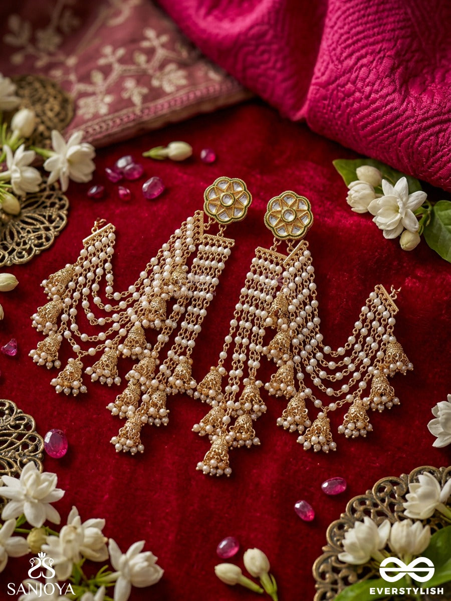 Kundalini – Flow Of Ornament – Festive Earrings With Earchain, Embellished Round Motifs, Layered Pearl Strands And Delicate Floral Hangings