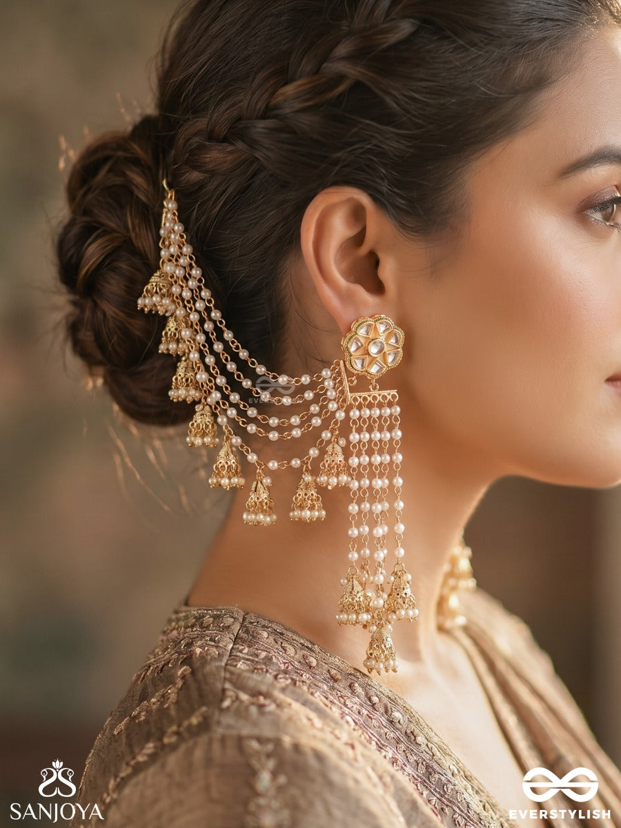 Kundalini – Flow Of Ornament – Festive Earrings With Earchain, Embellished Round Motifs, Layered Pearl Strands And Delicate Floral Hangings