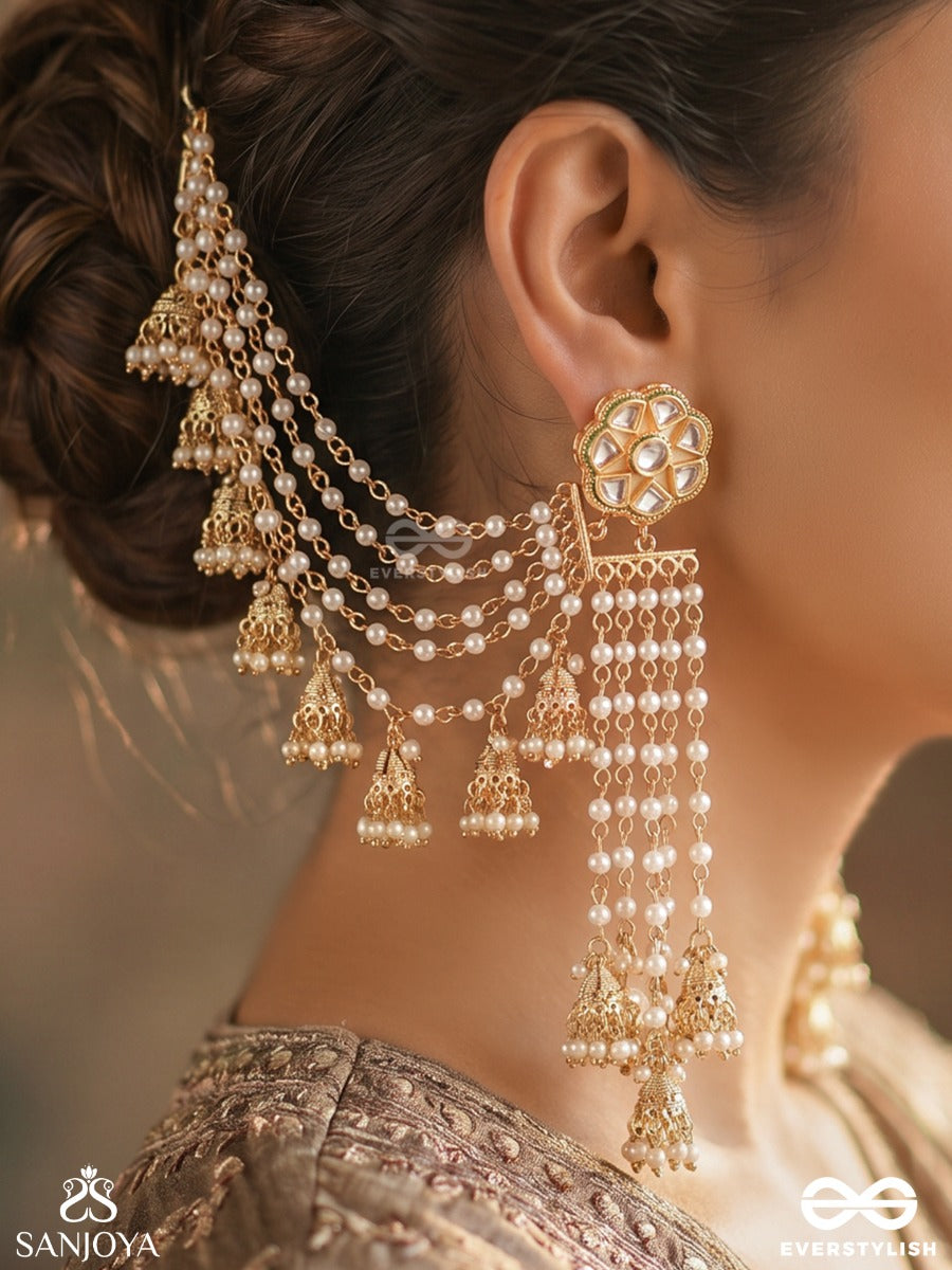 Kundalini – Flow Of Ornament – Festive Earrings With Earchain, Embellished Round Motifs, Layered Pearl Strands And Delicate Floral Hangings