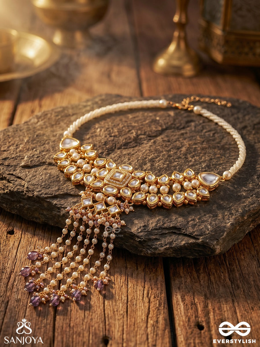 Amrayani – Graceful Flow – Ornate Necklace With Gold-Tone Stonework, Netted Pearl Drops And Deep Blue Bead Accents