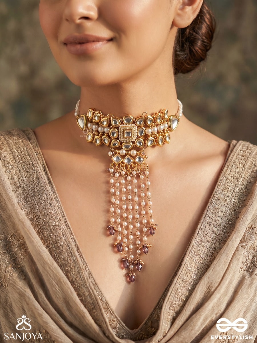 Amrayani – Graceful Flow – Ornate Necklace With Gold-Tone Stonework, Netted Pearl Drops And Deep Blue Bead Accents