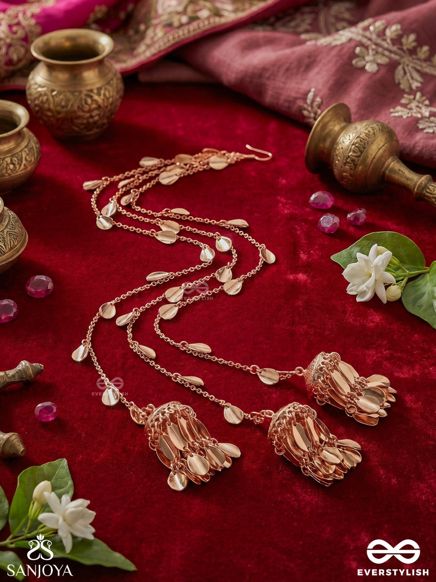 Dhwanika – Echo Of Grace – Ornate Braid Paranda Hair Accessory With Golden-Tone Disc Details, Chain Layers And Dangling Metal Accents