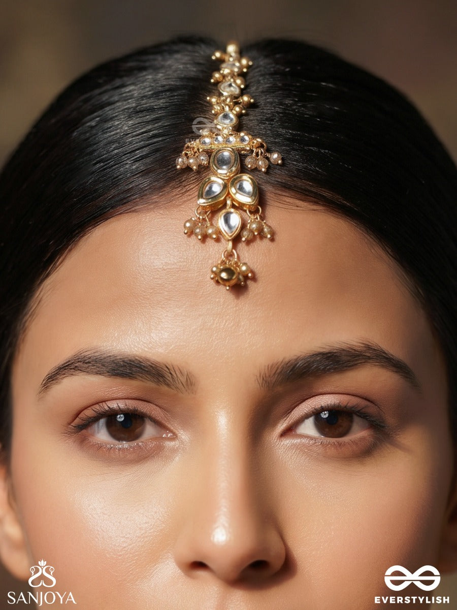 Virashini – Royal Brilliance – Ornate Maangtika With Teardrop Stone Links, Gold-Tone Bead Details And Delicate Dangling Accents