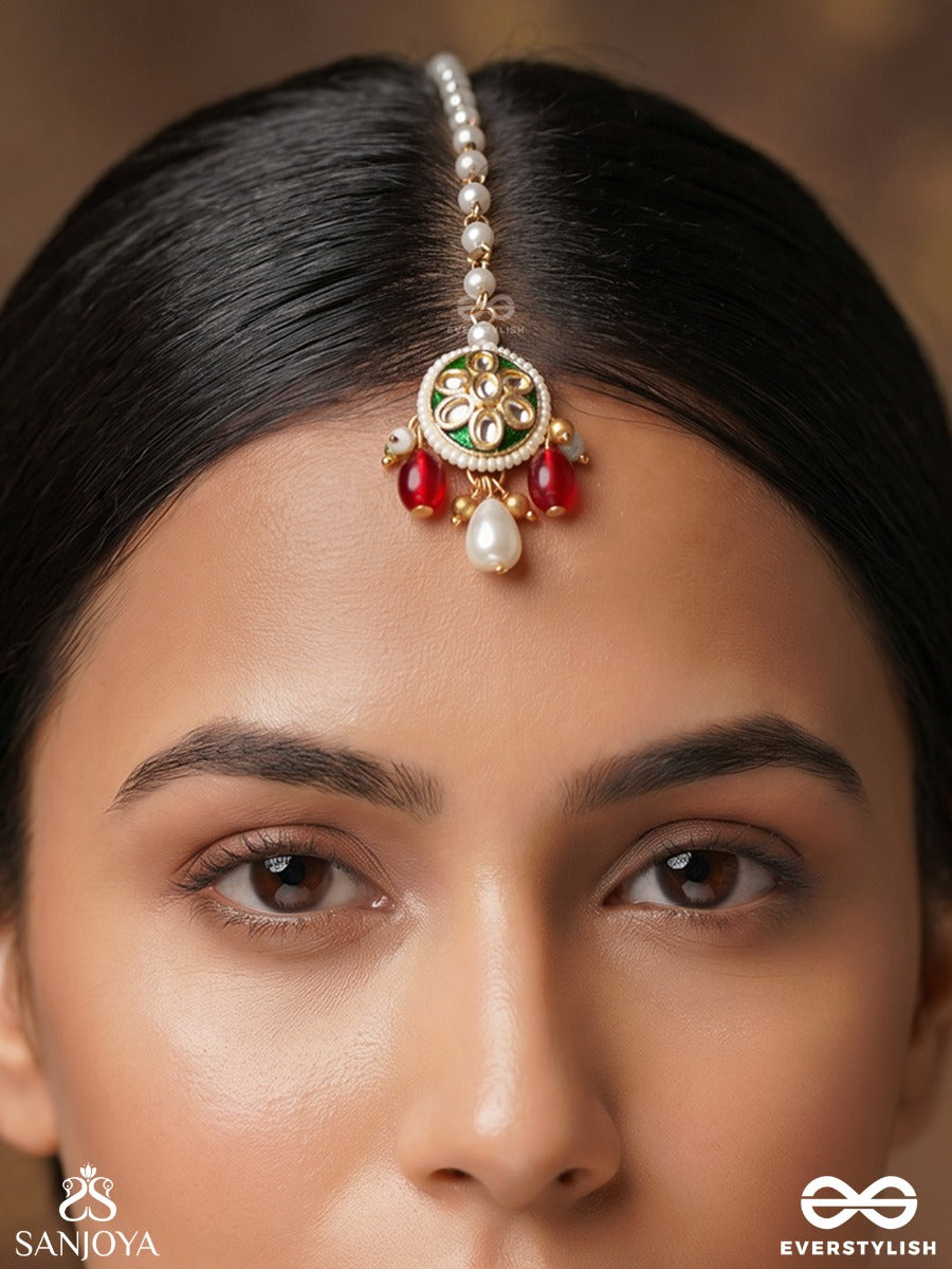 Kiranika – Little Ray Of Beauty – Ornate Maangtika With Pearl Chain, Floral Centerpiece And Colourful Bead Danglers