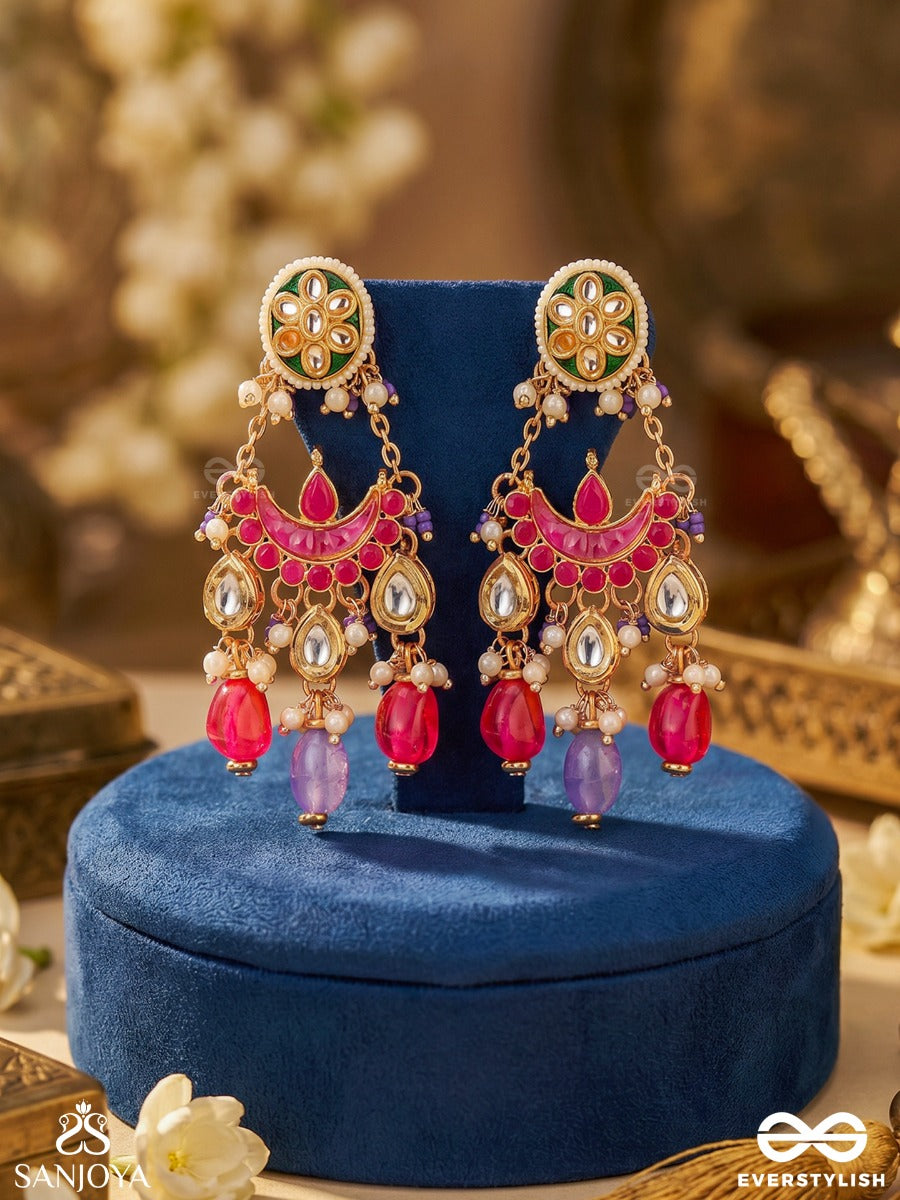 Sanjhika – Evening Glow – Festive Earrings With Mirror Details, Pearl Clusters, Gold-Tone Floral Work And Colourful Danglers