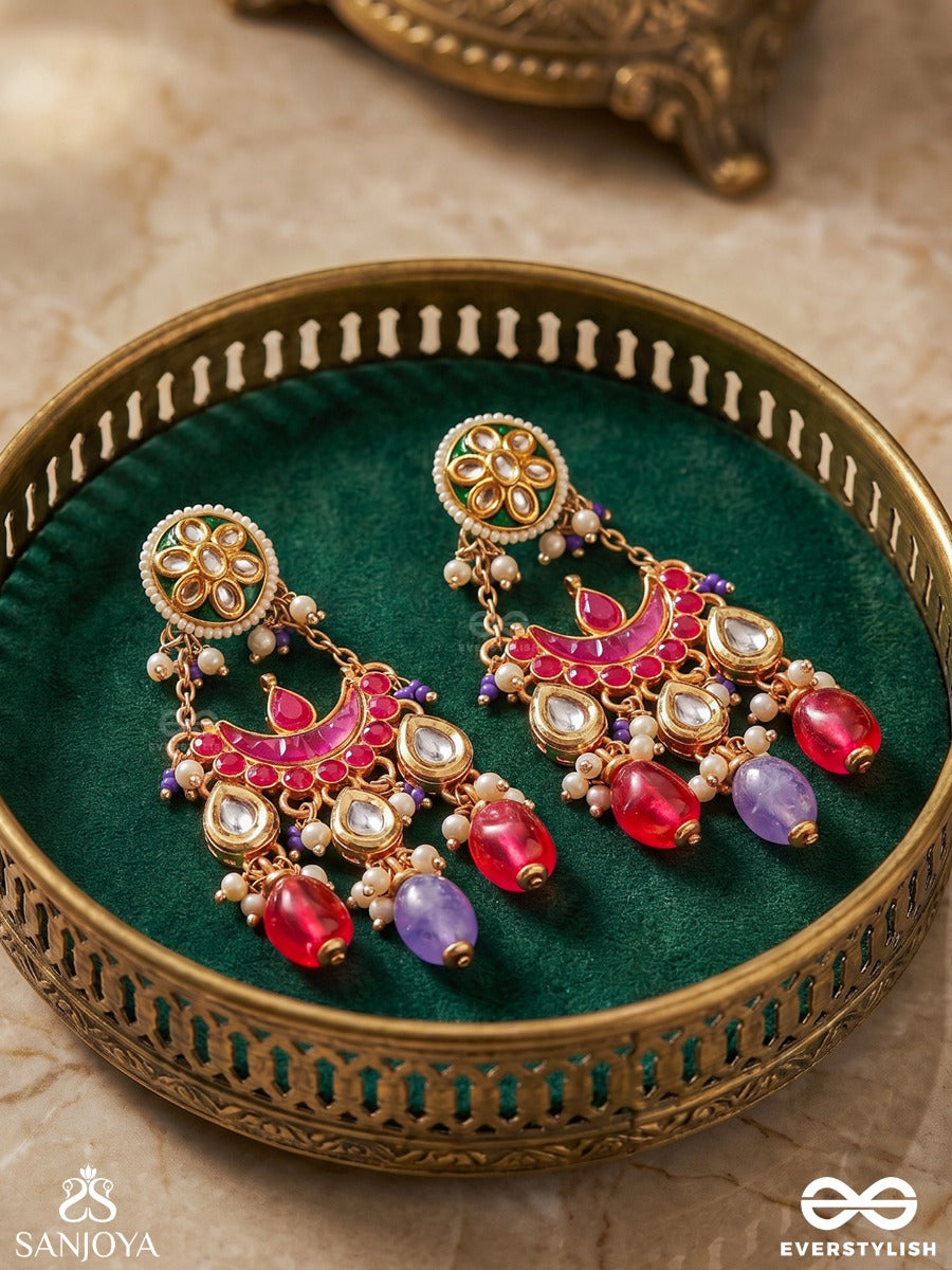 Sanjhika – Evening Glow – Festive Earrings With Mirror Details, Pearl Clusters, Gold-Tone Floral Work And Colourful Danglers