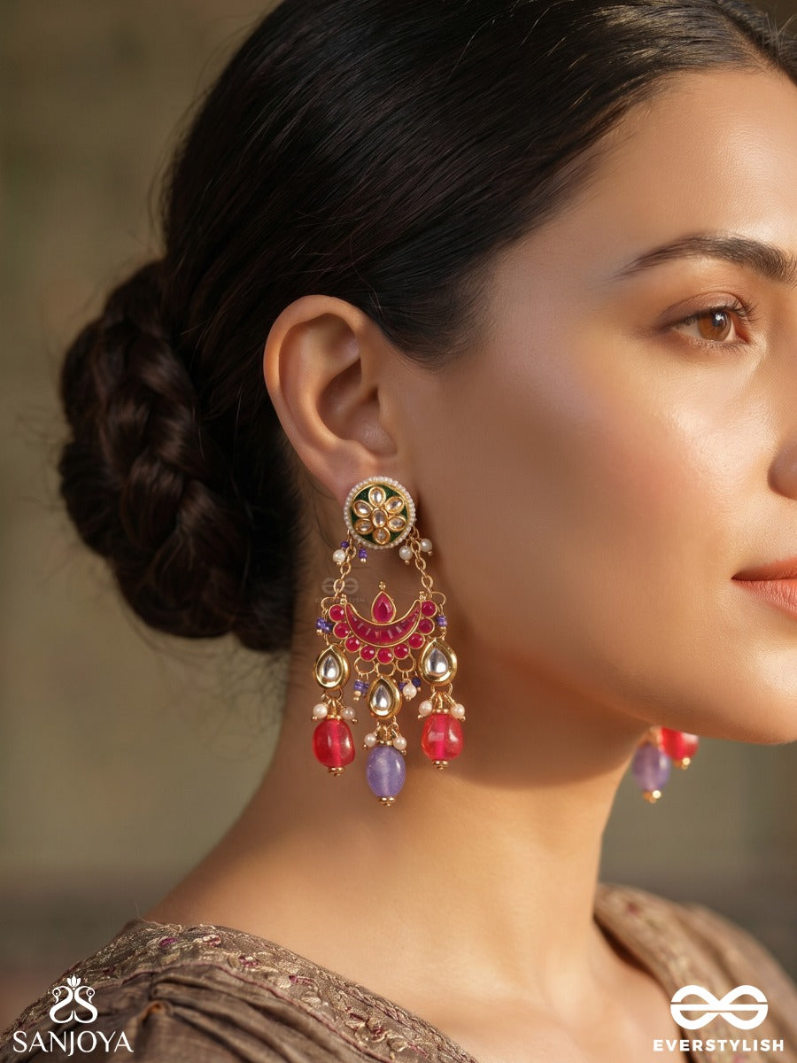 Sanjhika – Evening Glow – Festive Earrings With Mirror Details, Pearl Clusters, Gold-Tone Floral Work And Colourful Danglers