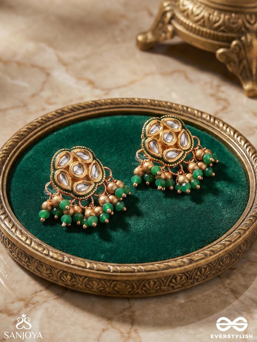 Gulafreen – Blossoming Beauty – Ornate Earrings With Kundan Motifs, Emerald Bead Fringes And Pearl Accents