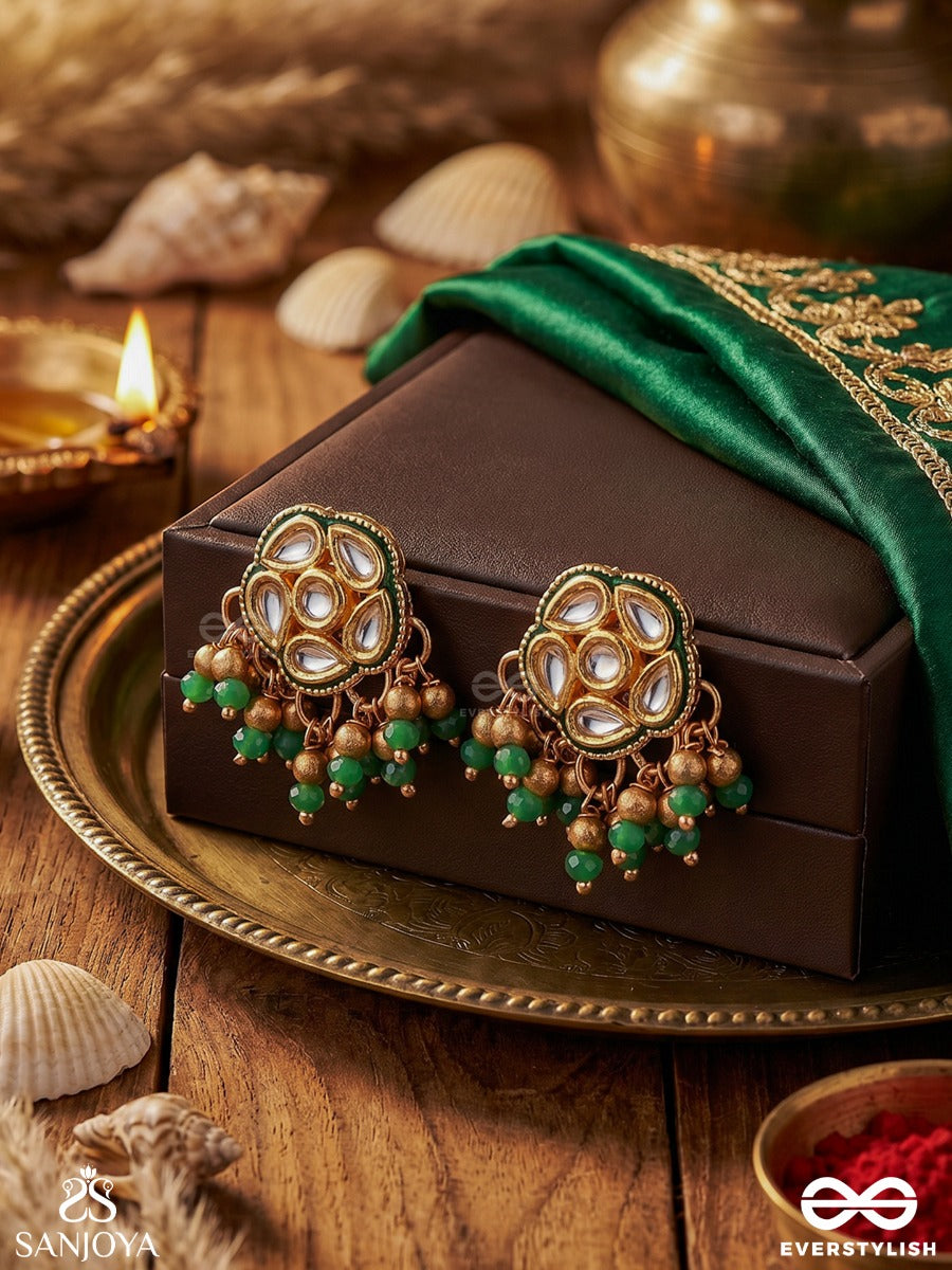 Gulafreen – Blossoming Beauty – Ornate Earrings With Kundan Motifs, Emerald Bead Fringes And Pearl Accents