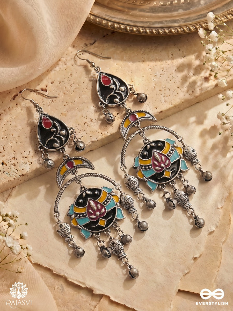 Mayur Lehar - Oxidised Earrings With Peacock Form, Pink Stone Touches And Flowing Chains