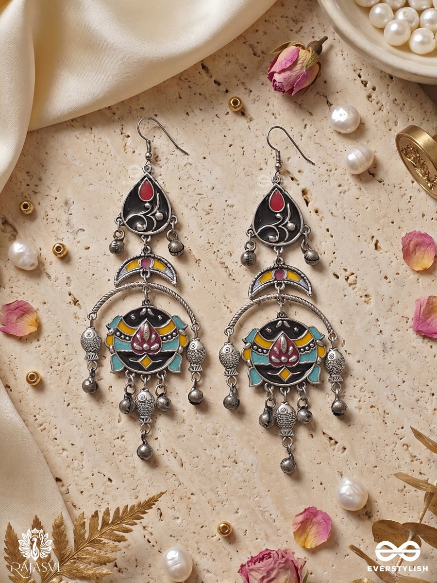 Mayur Lehar - Oxidised Earrings With Peacock Form, Pink Stone Touches And Flowing Chains