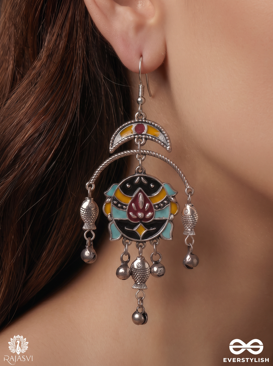 Mayur Lehar - Oxidised Earrings With Peacock Form, Pink Stone Touches And Flowing Chains