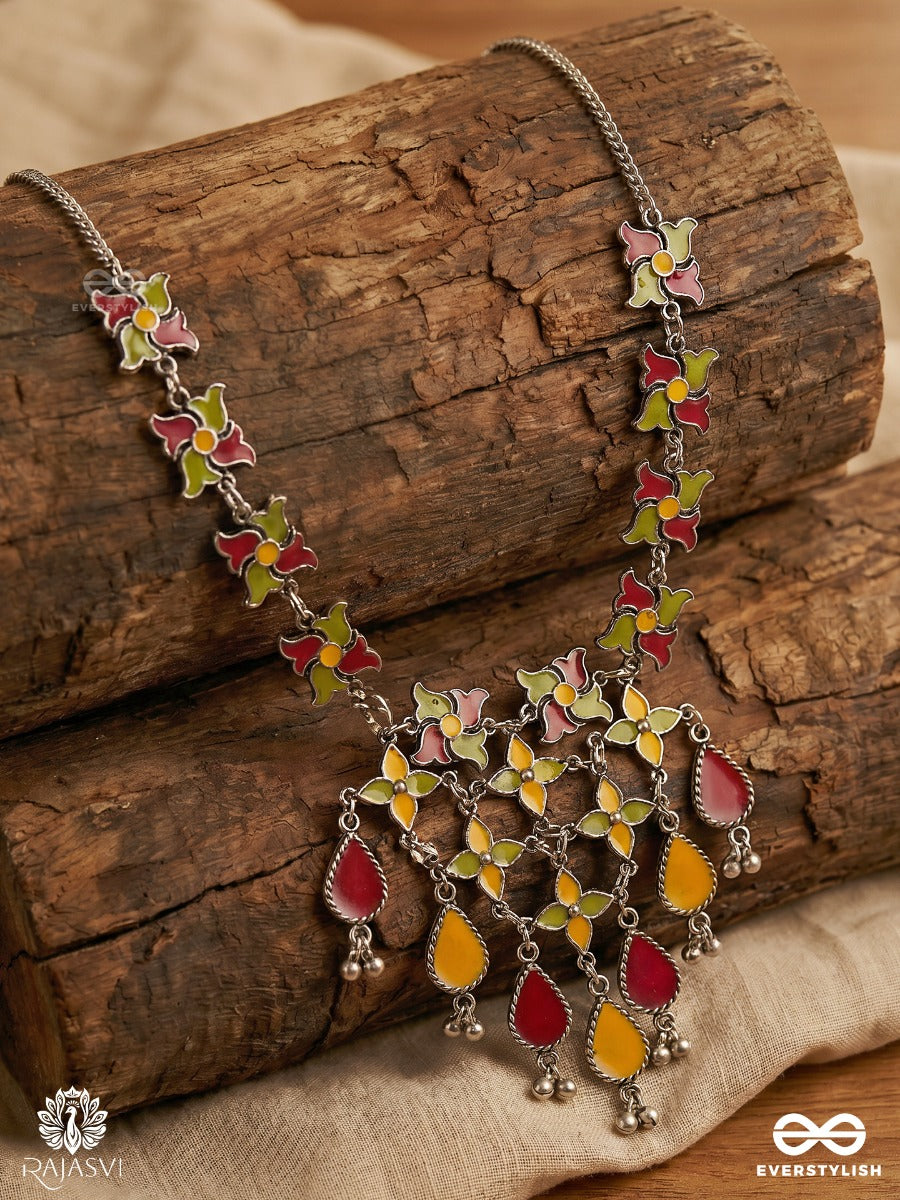 Rangbela - Oxidised Statement Necklace With Floral Enamel Work And Dangling Teardrop Charms