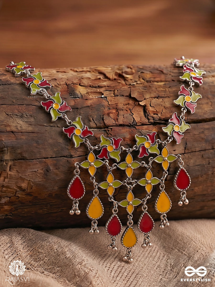 Rangbela - Oxidised Statement Necklace With Floral Enamel Work And Dangling Teardrop Charms