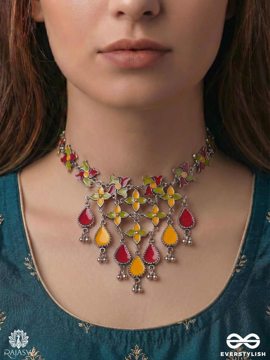 Rangbela - Oxidised Statement Necklace With Floral Enamel Work And Dangling Teardrop Charms