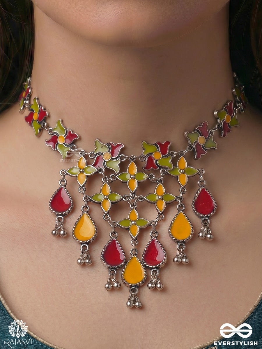 Rangbela - Oxidised Statement Necklace With Floral Enamel Work And Dangling Teardrop Charms