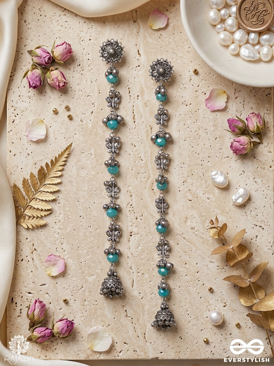 Neel Vatika - Oxidised Statement Earrings With Blue Bead Accents And Antique Floral Motifs
