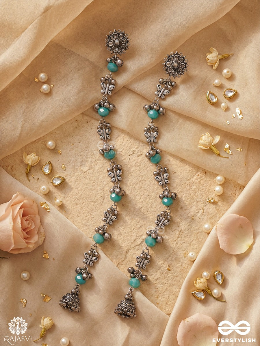 Neel Vatika - Oxidised Statement Earrings With Blue Bead Accents And Antique Floral Motifs