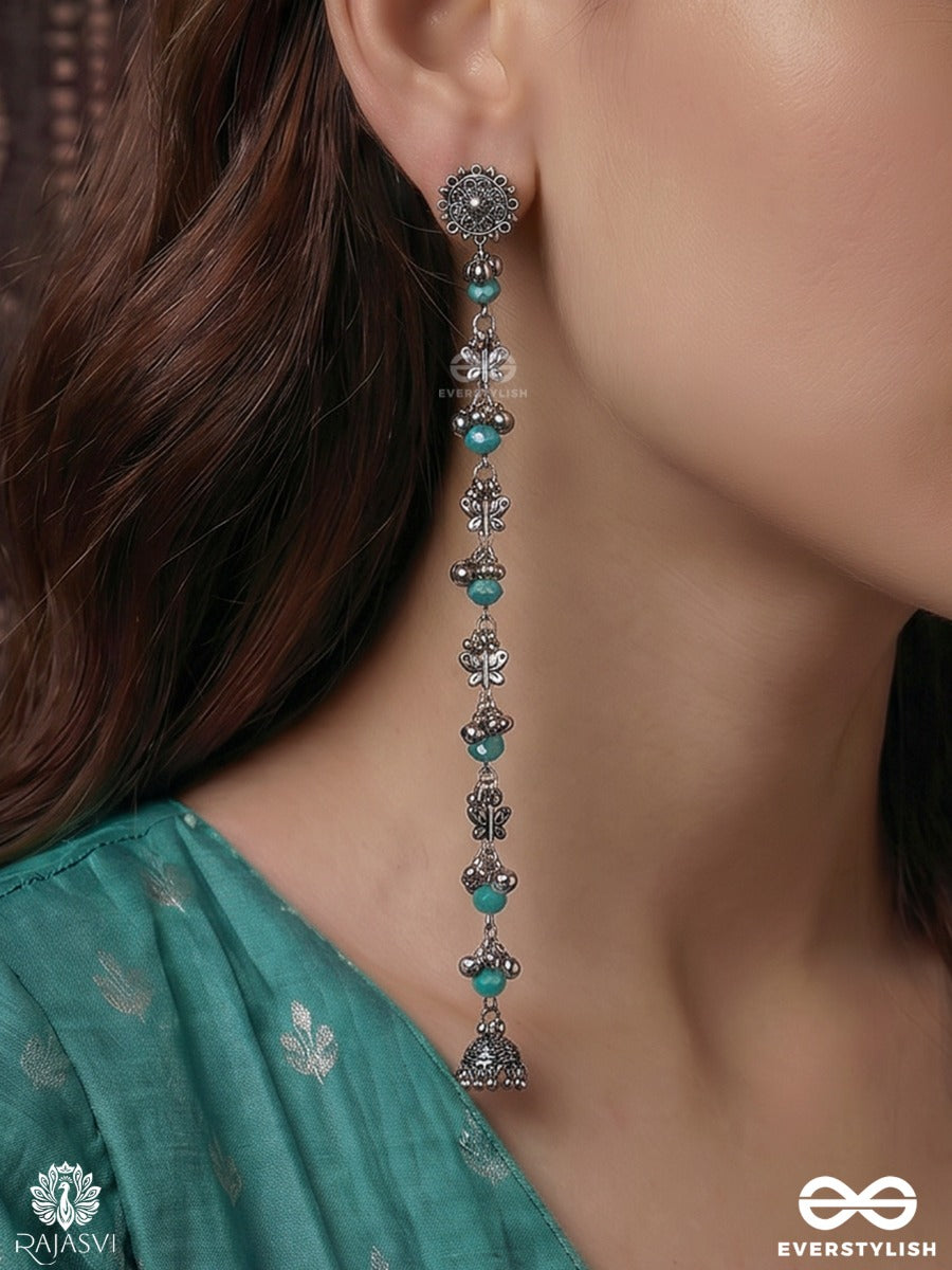 Neel Vatika - Oxidised Statement Earrings With Blue Bead Accents And Antique Floral Motifs