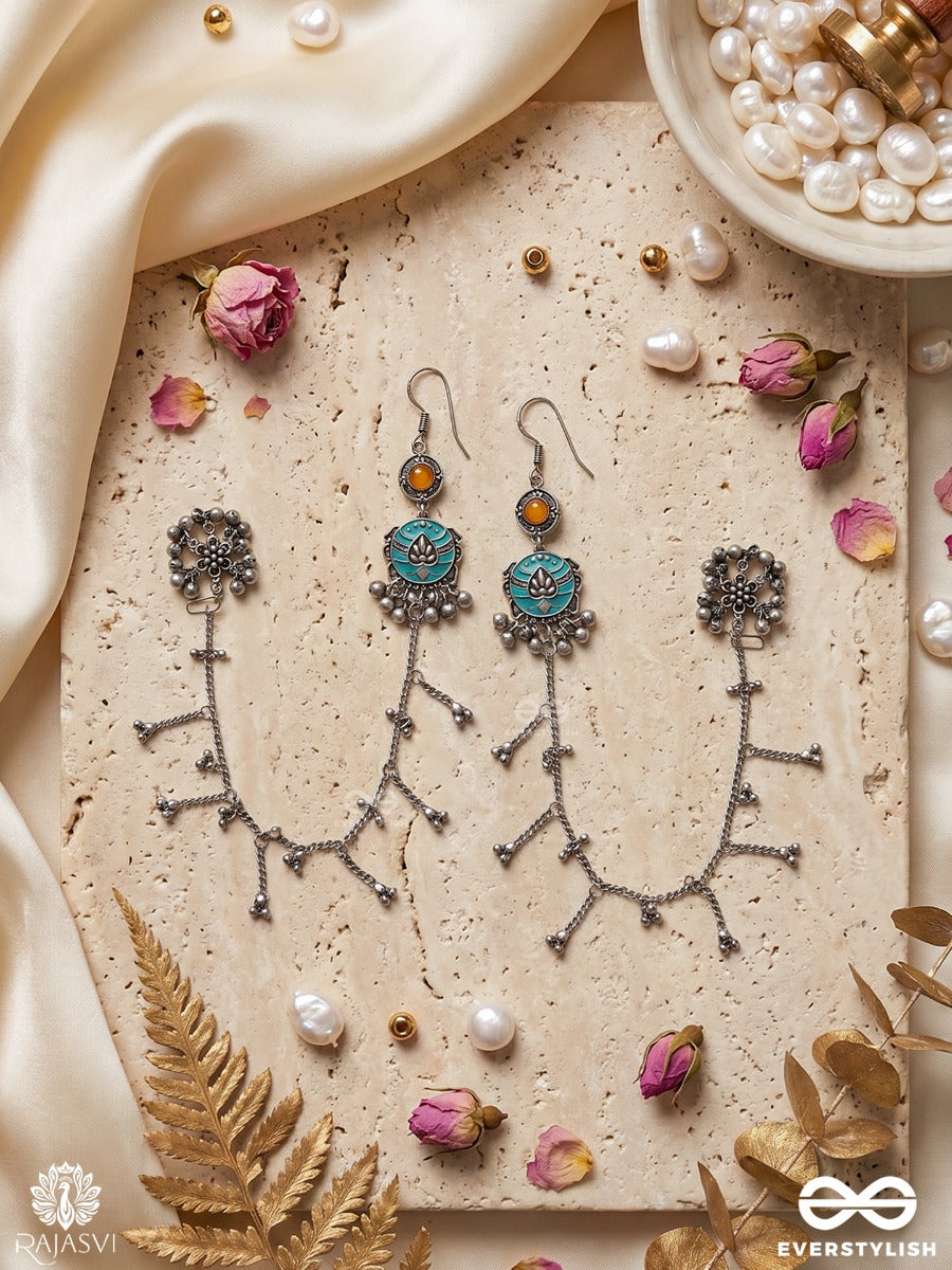 Kaan Sutra - Oxidised Earchain Earrings With Long Chain Trail And Statement Studs