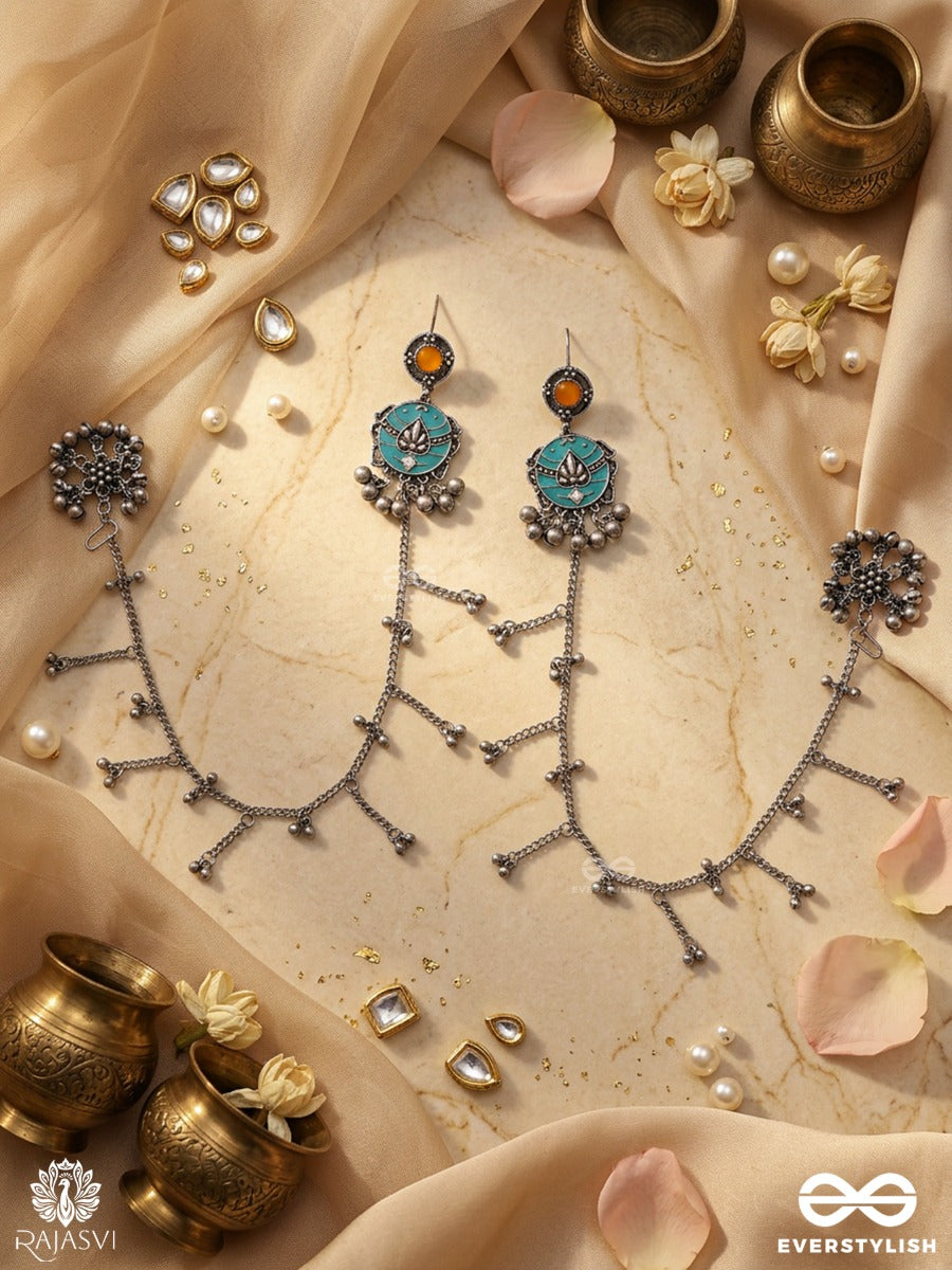 Kaan Sutra - Oxidised Earchain Earrings With Long Chain Trail And Statement Studs