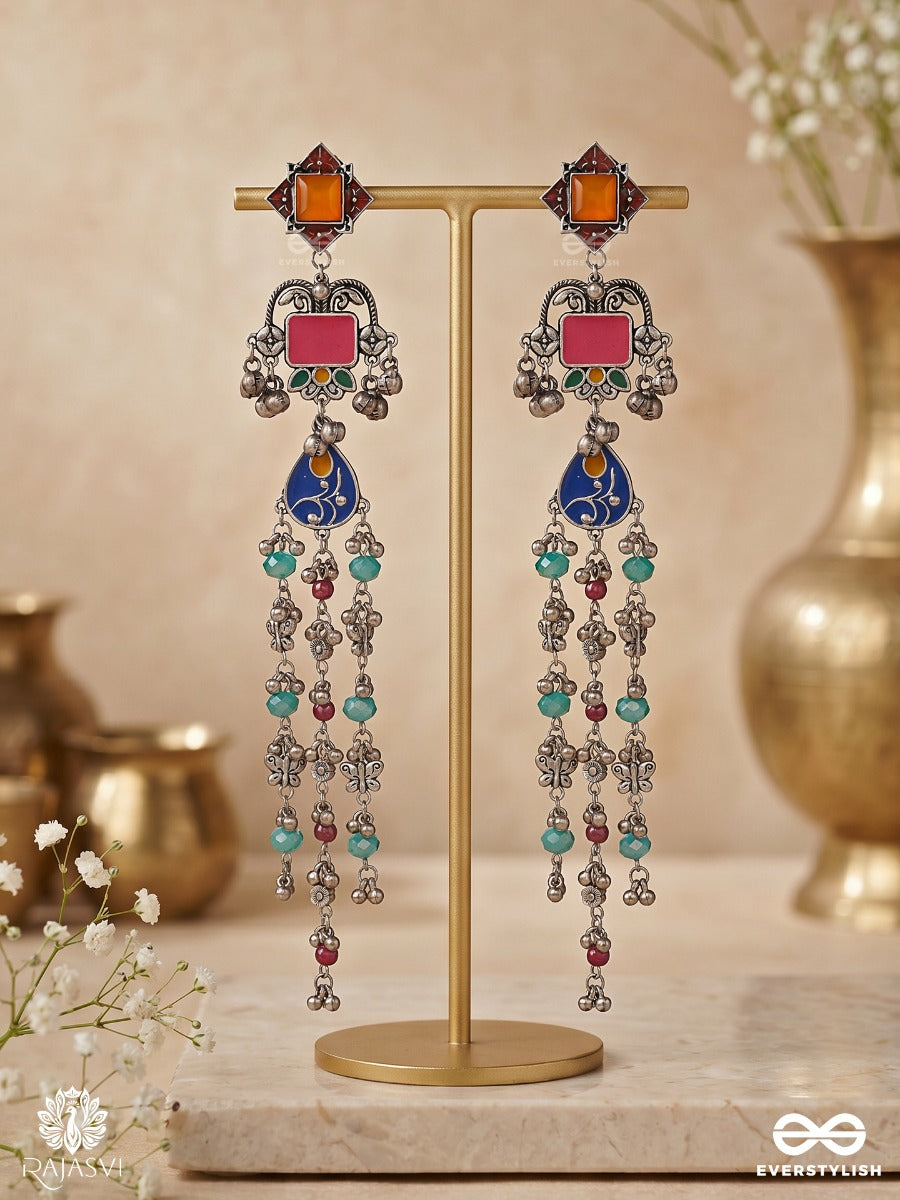 Darpan Taalika - Oxidised Long Earrings With Arched Motifs, Beaded Strands And Floral Danglers