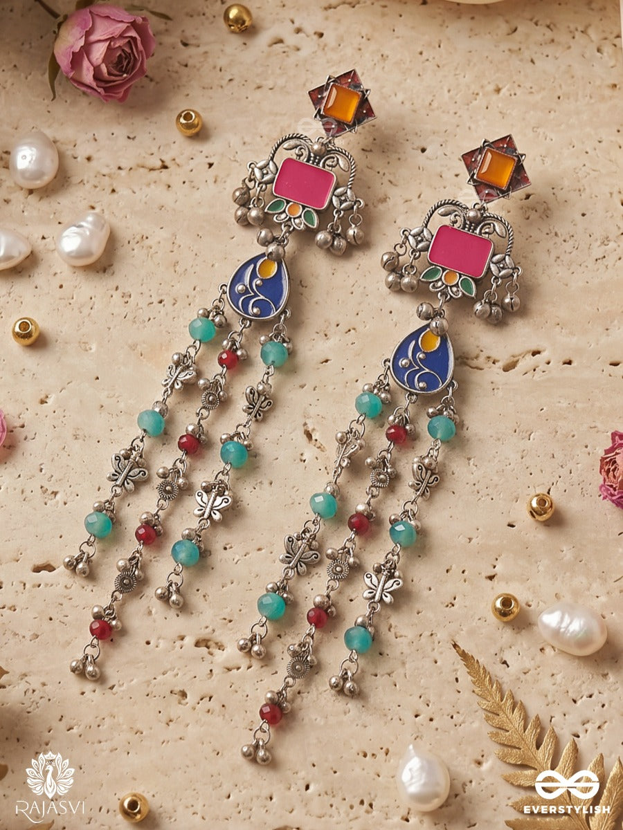 Darpan Taalika - Oxidised Long Earrings With Arched Motifs, Beaded Strands And Floral Danglers