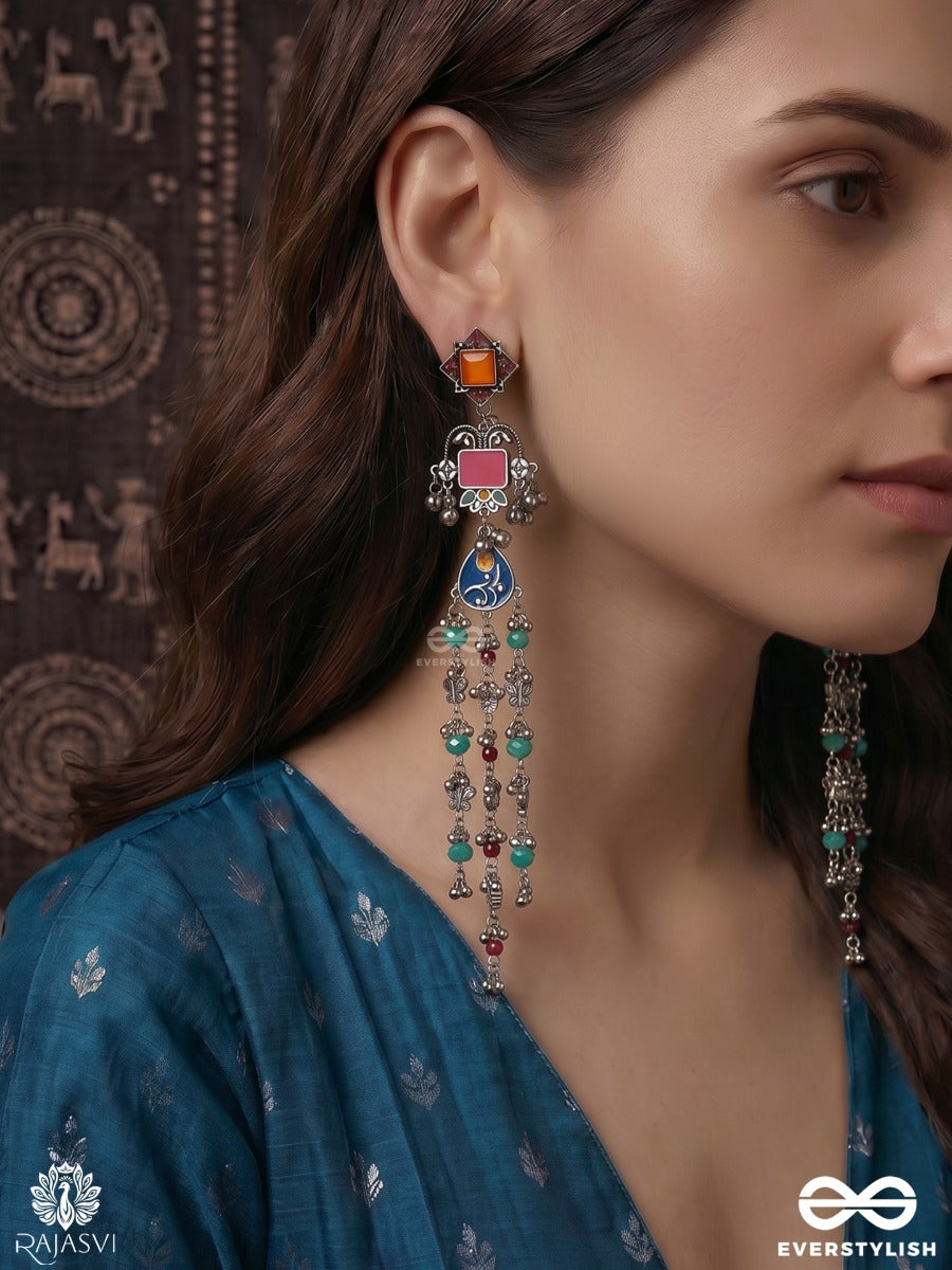 Darpan Taalika - Oxidised Long Earrings With Arched Motifs, Beaded Strands And Floral Danglers
