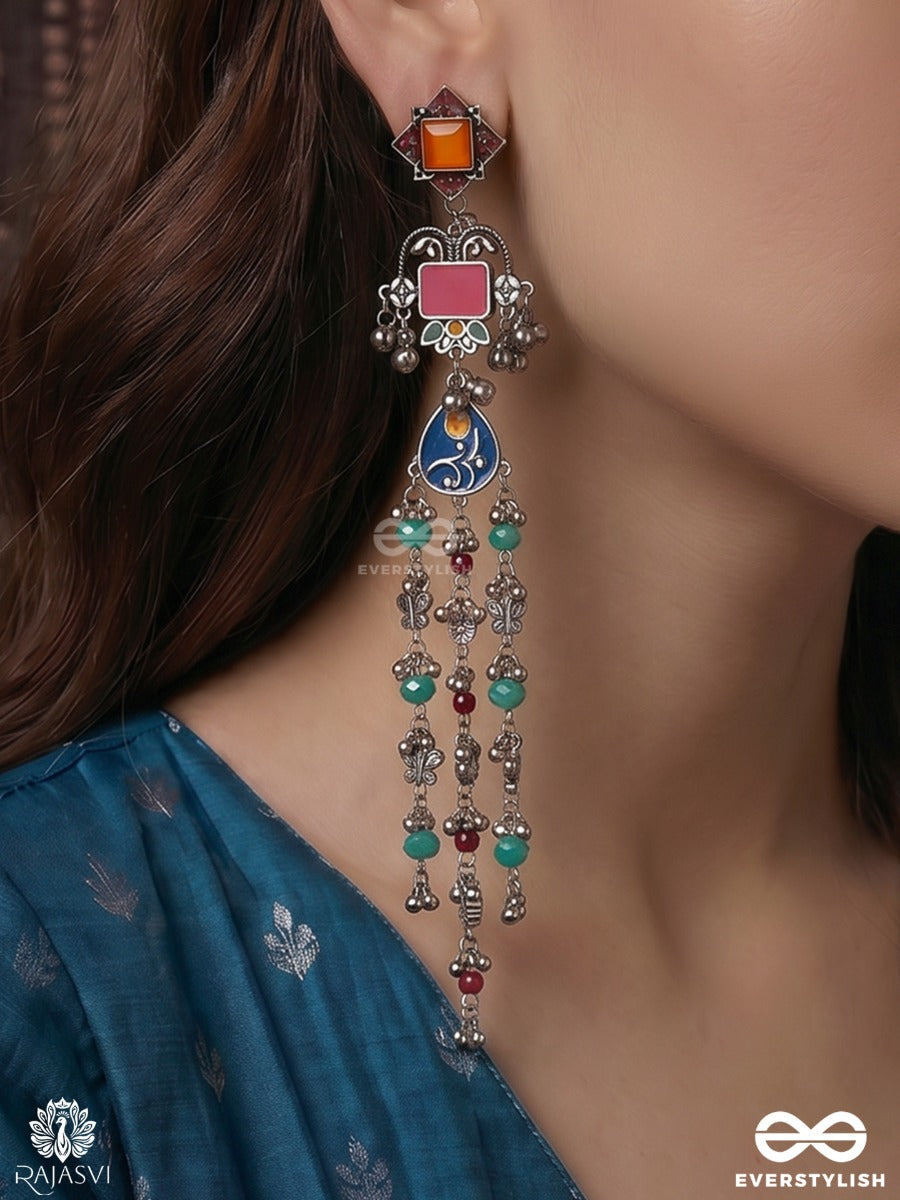 Darpan Taalika - Oxidised Long Earrings With Arched Motifs, Beaded Strands And Floral Danglers