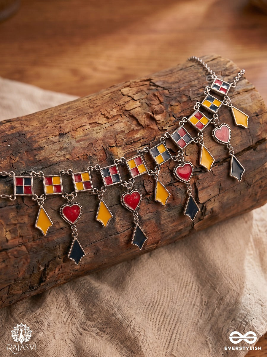 Jharokha Taal - Oxidised Necklace With Mirror-Inspired Panels And Dangling Folk Charms