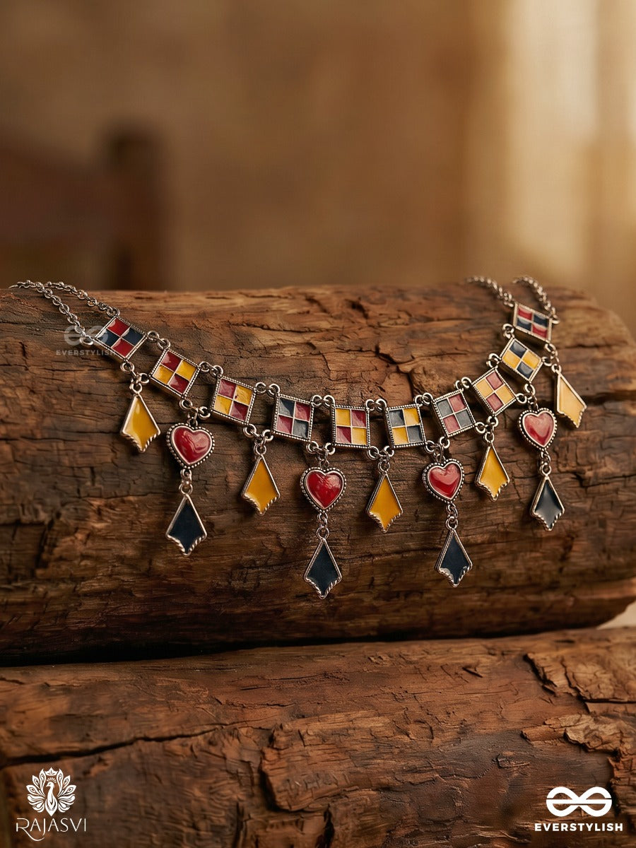 Jharokha Taal - Oxidised Necklace With Mirror-Inspired Panels And Dangling Folk Charms