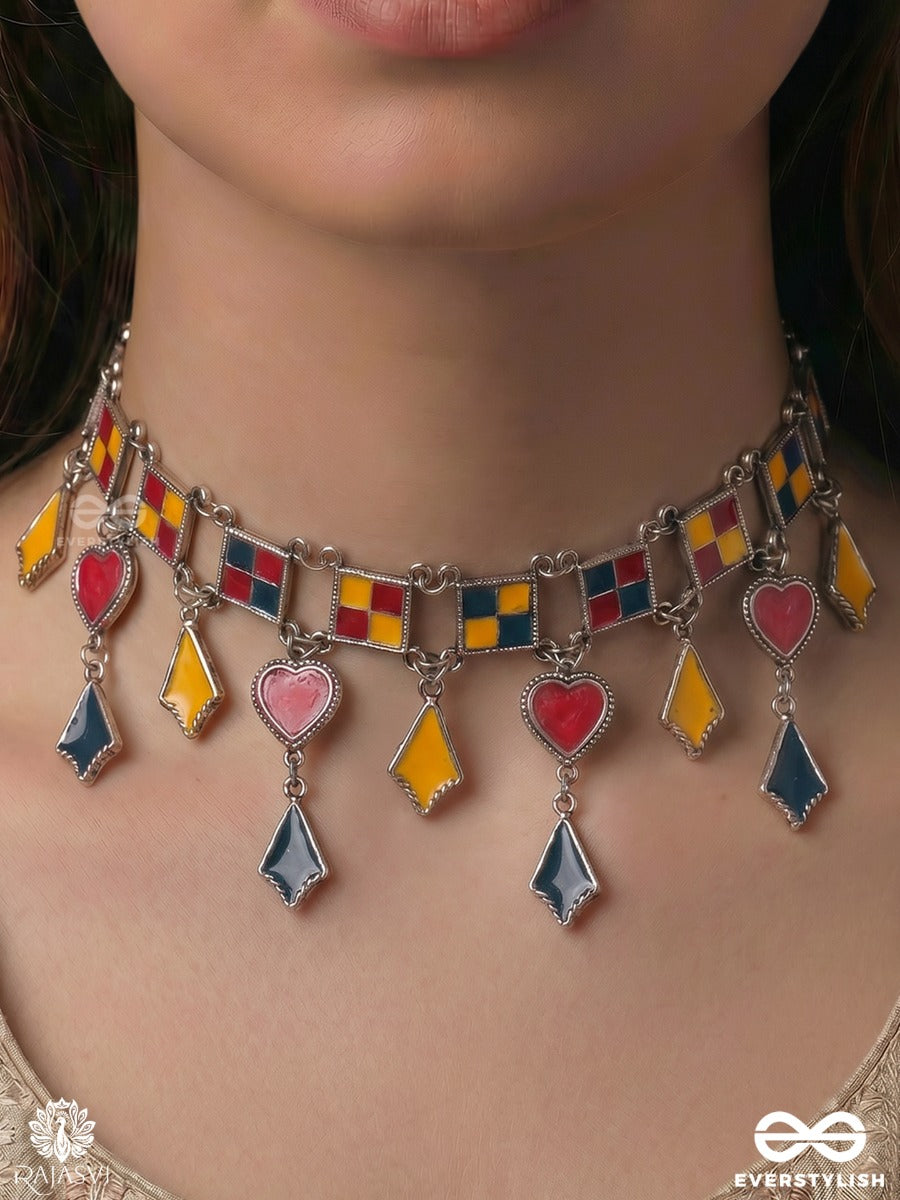 Jharokha Taal - Oxidised Necklace With Mirror-Inspired Panels And Dangling Folk Charms