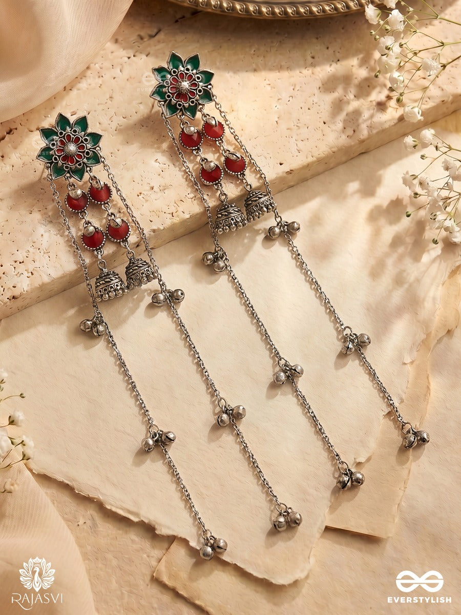 Nritya Rekha - Oxidised Long Earrings With Folk Motifs, Chain Drops And Tribal Hangings