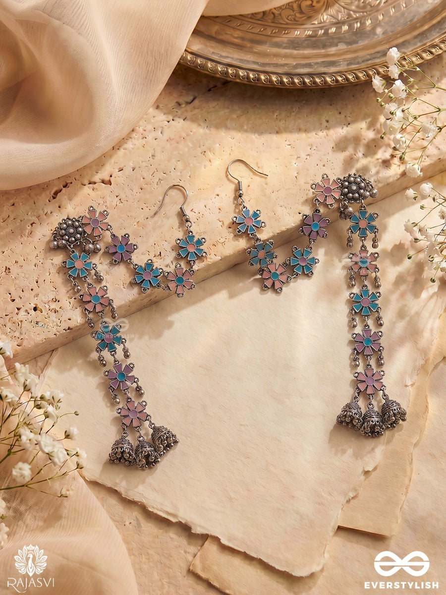 Pushp Rekha - Oxidised Ear Chain Earrings With Bloom Motifs And Traditional Chain Detailing