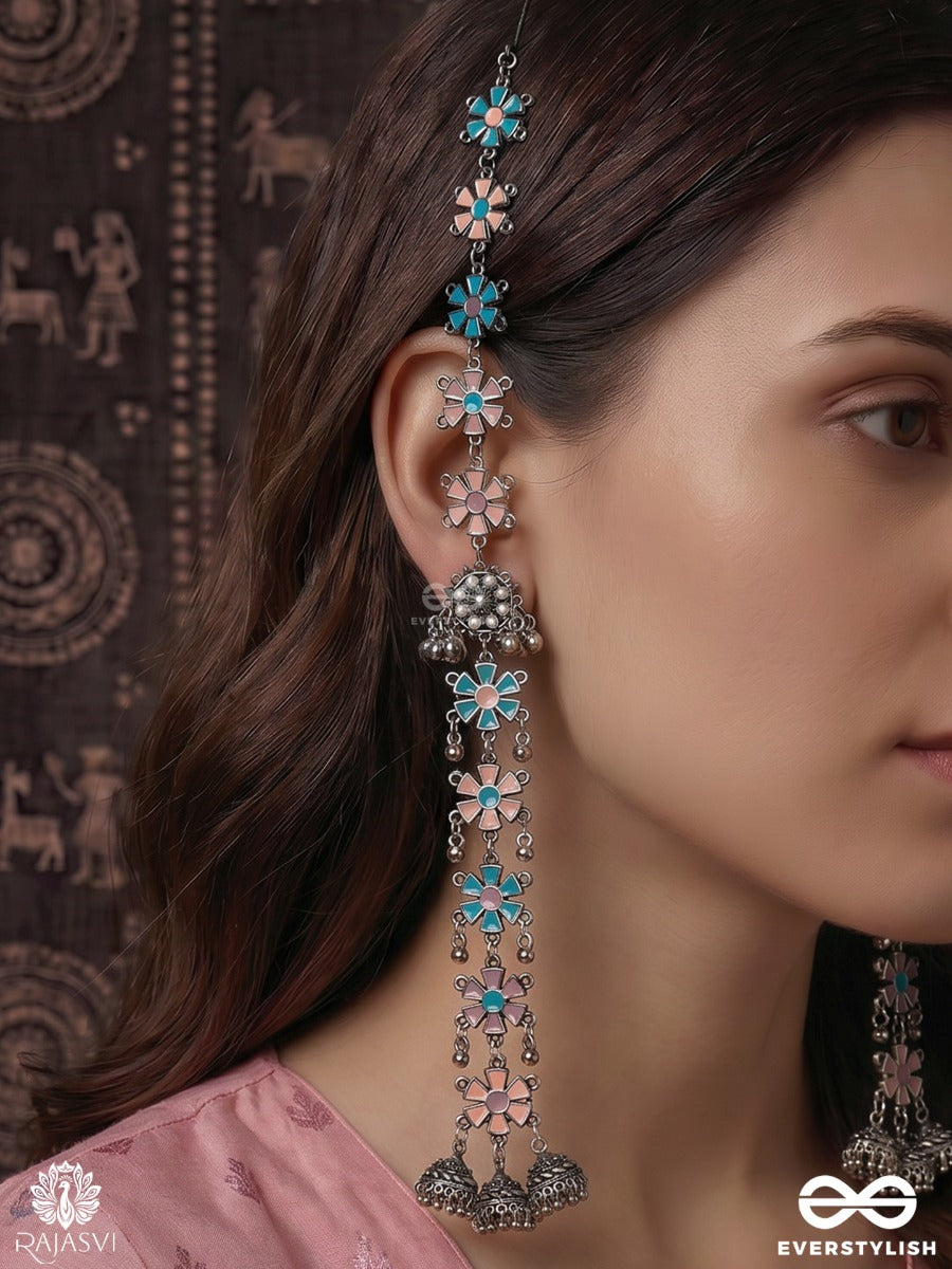 Pushp Rekha - Oxidised Ear Chain Earrings With Bloom Motifs And Traditional Chain Detailing
