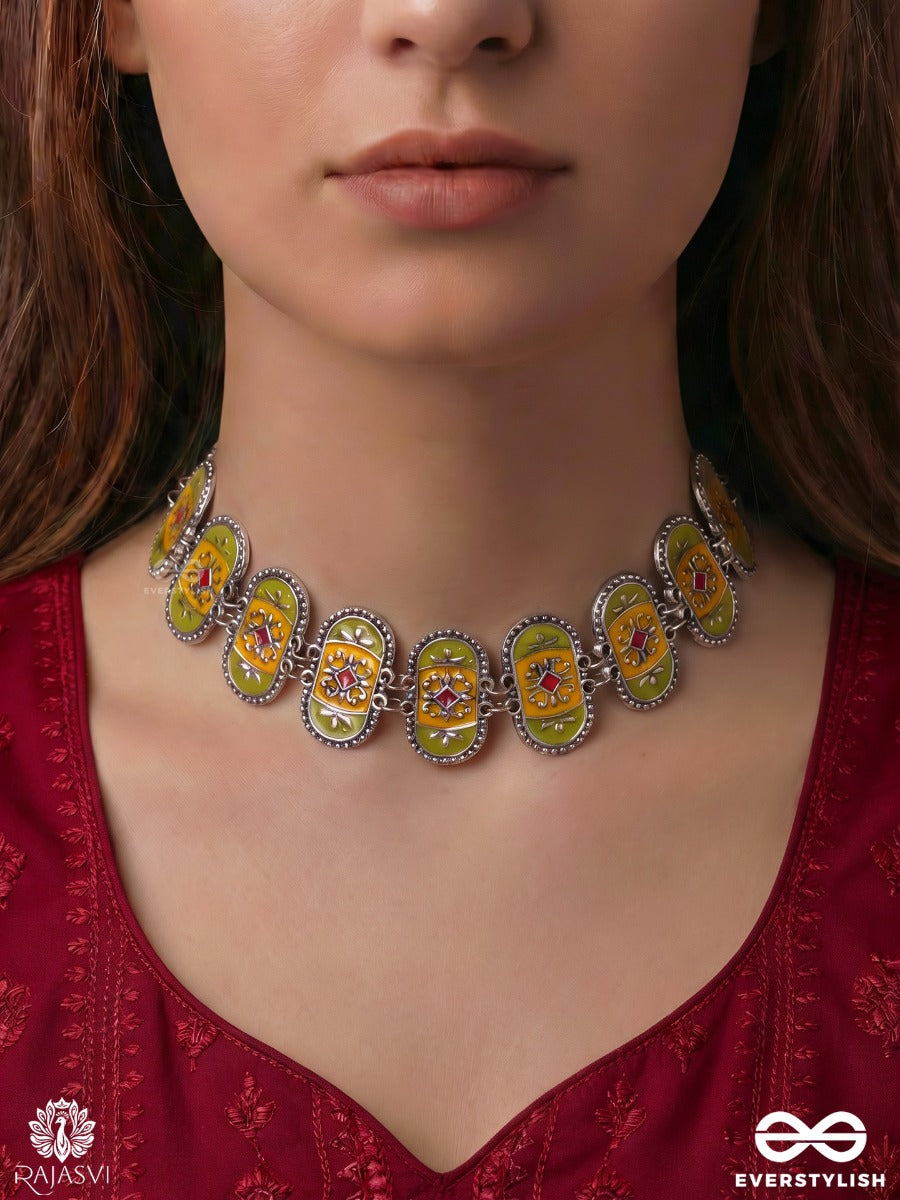 Lok Chitra - Oxidised Necklace With Folk Art Panels And Ornate Enamel Detailing